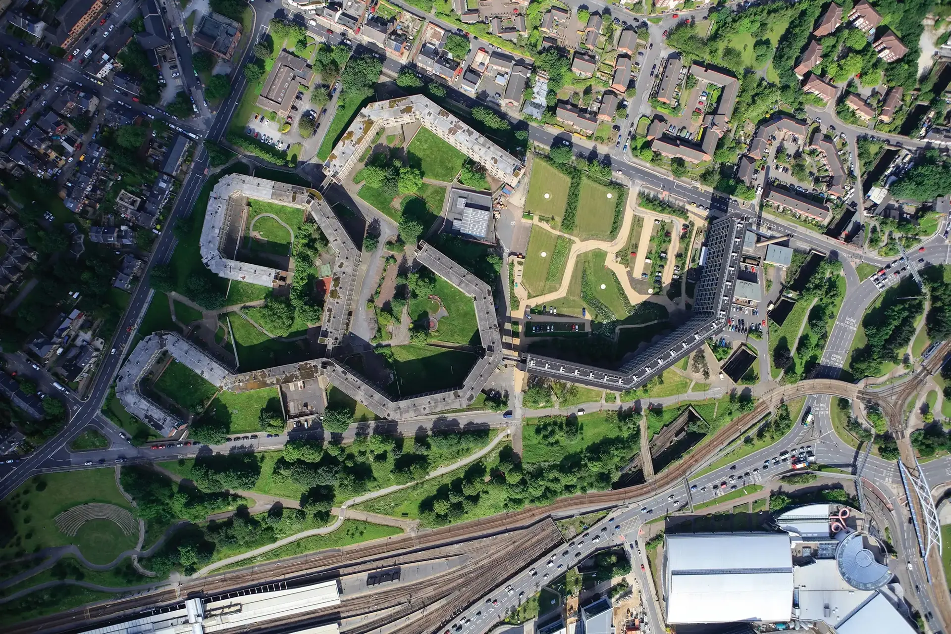 Aerial view of a Places for People development, homes arranged around green shared space