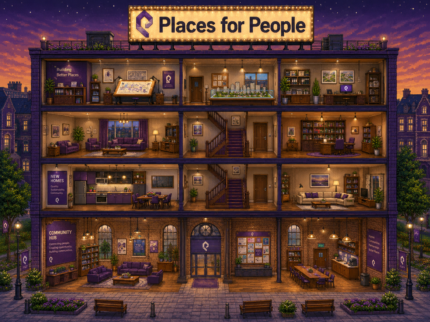 A Places for People development shown in cross-section — a rooftop 'Places for People' sign, a top-floor design studio, resident apartments, a New Homes show flat and a ground-floor community hub, with residents living in each room.